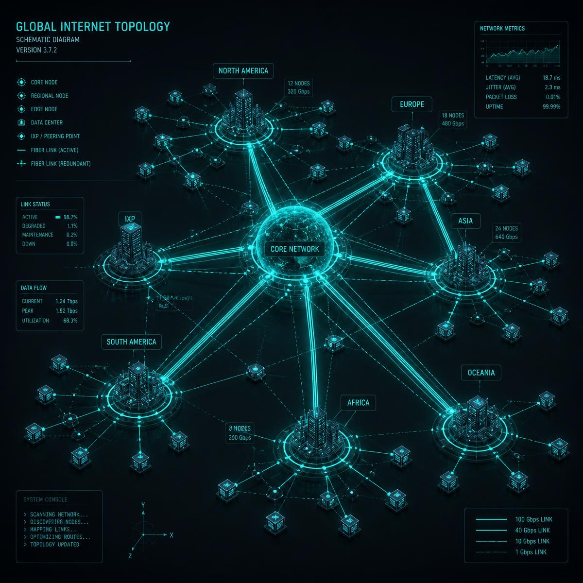 Global internet topology schematic showing interconnected network nodes across continents