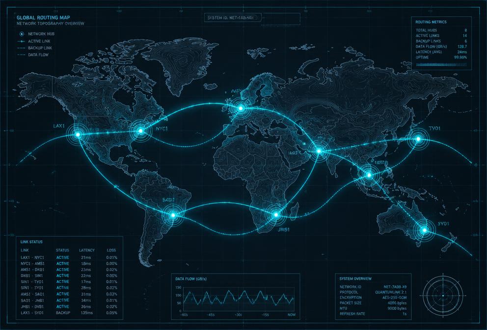 Topographic map showing glowing routing lines between global hubs